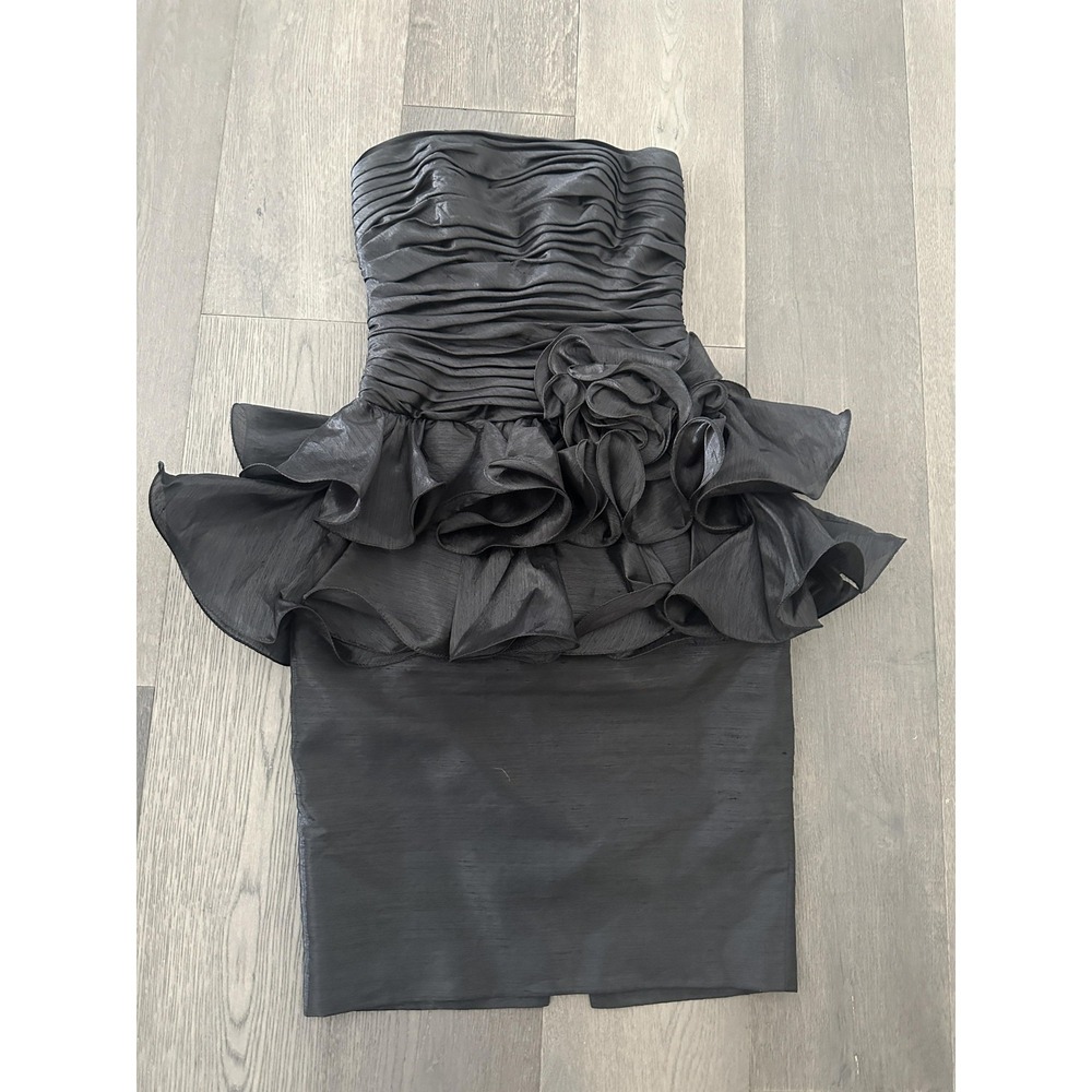 Vintage A.J. Bari Dress RARE Womens 6 Black Strapless Ruched Ruffle Cocktail 80s